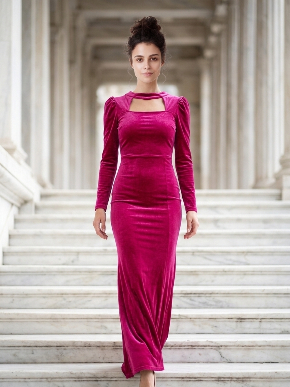 Elegant Fuchsia Velvet Long-Sleeve Maxi Dress